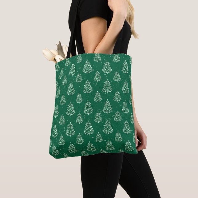 Green and White Christmas Tree pattern Tote Bag (Close Up)