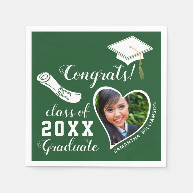 Green and White Class of 2025 Photo Graduation Napkin (Front)
