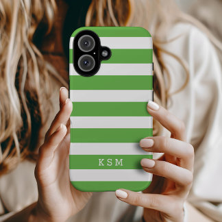 Green and White Classic Stripes Monogram iPhone 16 Case