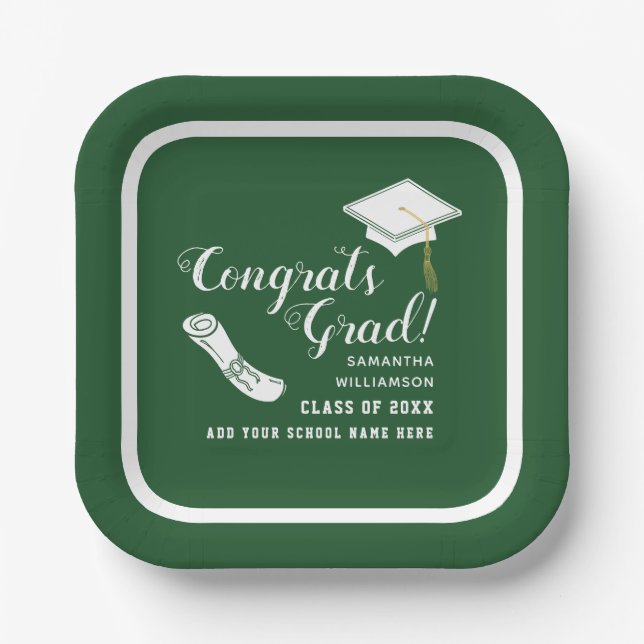 Green and White Congrats Grad Class of 2025 Paper Plate (Front)