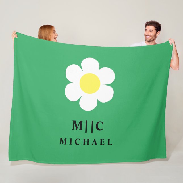 green and white daisy simple modern monogram cute fleece blanket (In Situ)