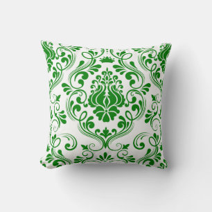 Green and White Damask Floral Pattern Elegant Cushion