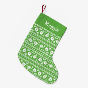 Green and White Fair Isle Monogram Small Christmas Stocking