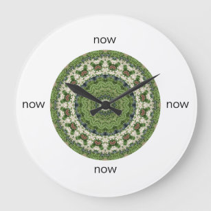 Green and White Farmers Market Mandala "Now" Large Clock