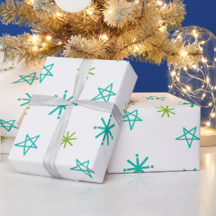 Green and White Festive Stars Modern Christmas Wrapping Paper