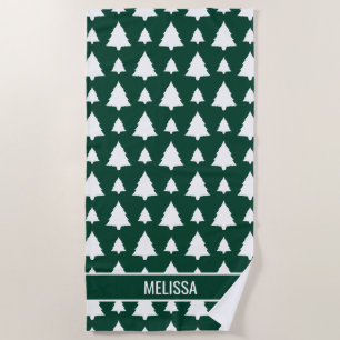 Green And White Fir Christmas Tree Pattern & Text Beach Towel