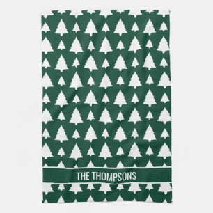 Green And White Fir Christmas Tree Pattern & Text Tea Towel