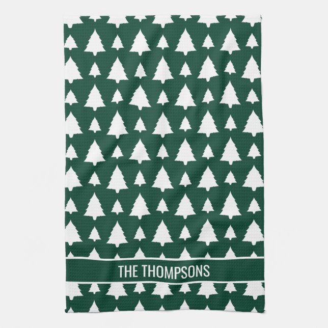 Green And White Fir Christmas Tree Pattern & Text Tea Towel (Vertical)