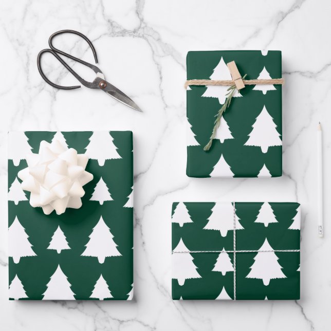 Green And White Fir Christmas Tree Pattern Wrapping Paper Sheet (Front)