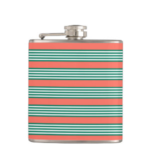 Green and white five stripe pattern with coral hip flask