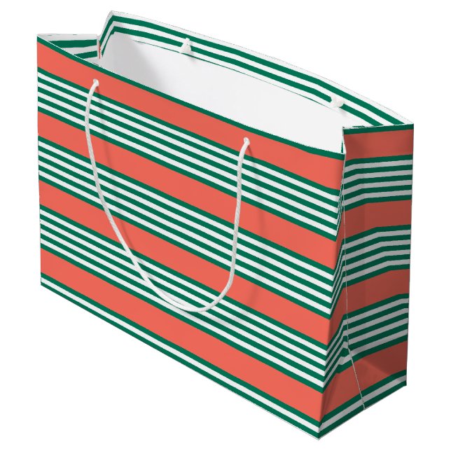 Green and white five stripe pattern with coral large gift bag (Back Angled)