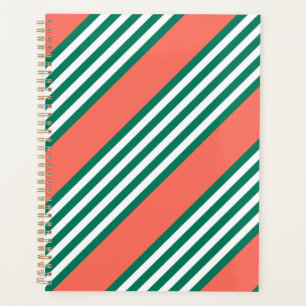 Green and white five stripe pattern with coral planner