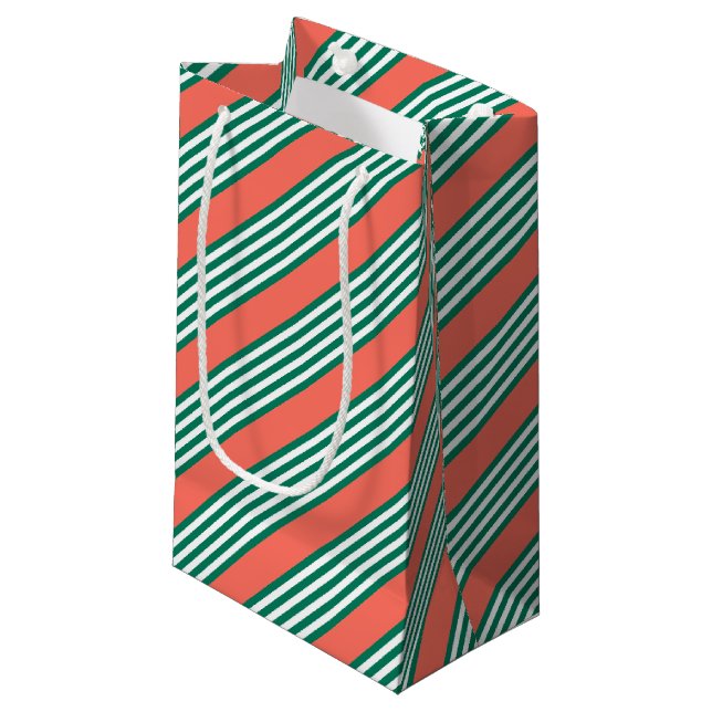 Green and white five stripe pattern with coral small gift bag (Front Angled)