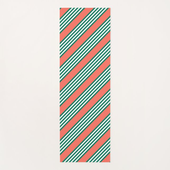 Green and white five stripe pattern with coral yoga mat (Front)