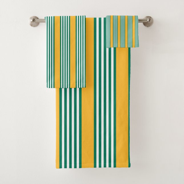 Green and white five stripe pattern with yellow bath towel set (Insitu)