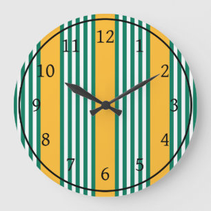 Green and white five stripe pattern with yellow large clock