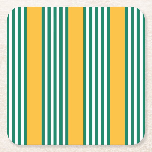 Green and white five stripe pattern with yellow square paper coaster (Front)