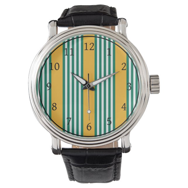 Green and white five stripe pattern with yellow watch (Front)