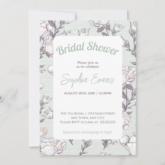 Green and White Floral Bordered Bridal Shower Invitation (Front)