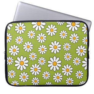 Green and White Floral Daisy Pattern Laptop Sleeve