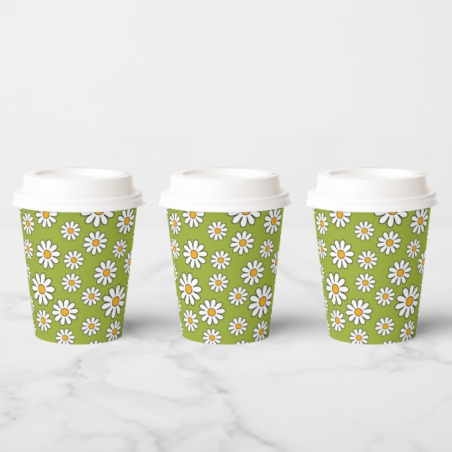 Green and White Floral Daisy Pattern Paper Cups (Multi)