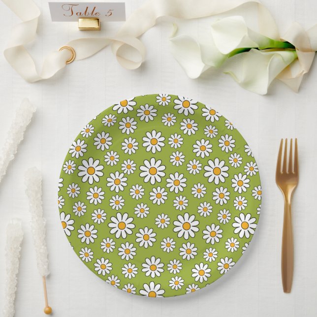 Green and White Floral Daisy Pattern Paper Plate (Wedding)