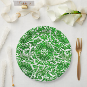 Green and White Floral Pattern Paper Plate