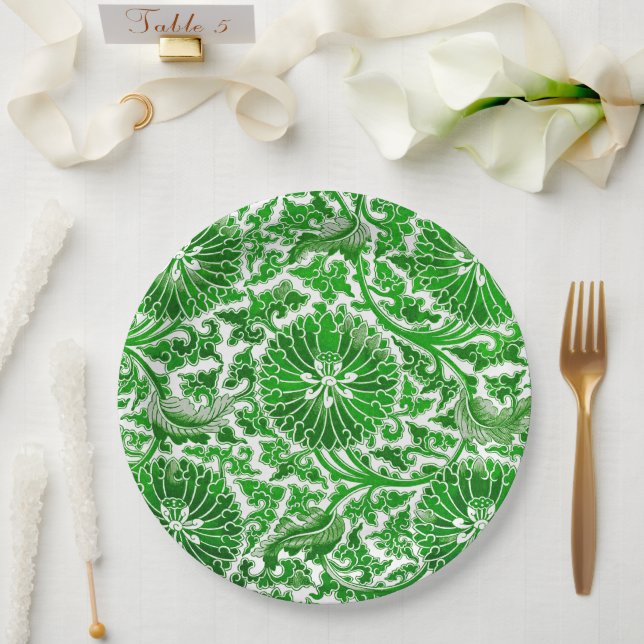 Green and White Floral Pattern Paper Plate (Wedding)