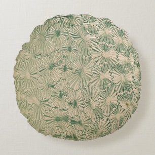 Green and white floral textile round cushion