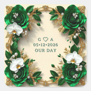 Green And White Floral Wedding Fresh Leaves Square Sticker