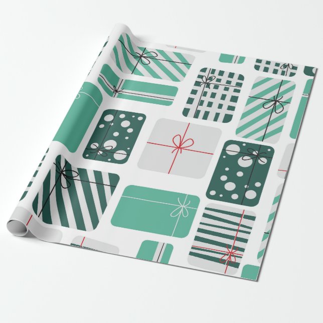 Green and White Gift Boxes Seamless Pattern Wrapping Paper (Unrolled)