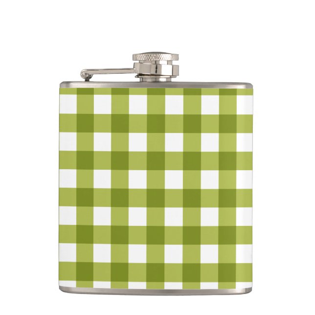 Green and White Gingham Pattern Hip Flask (Front)