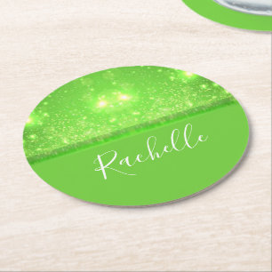Green and white glitter print round paper coaster