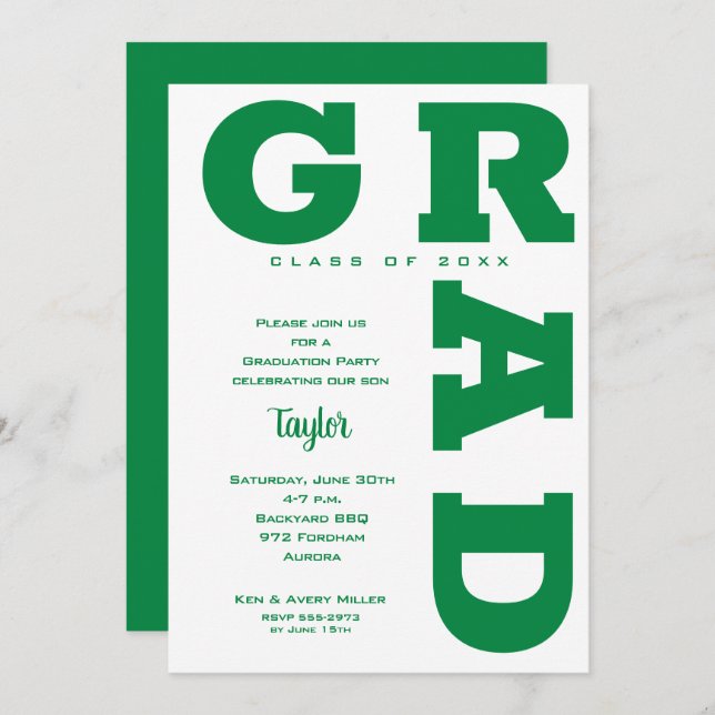 Green and White Graduation Party Invitation (Front/Back)