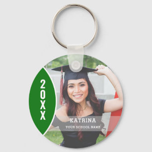 Green and White Graduation Photo Custom Key Ring