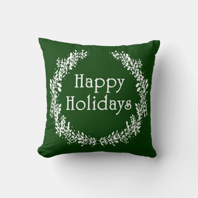 Green and White Happy Holidays Pillow (Front)