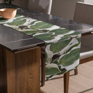 Green and White Hosta Leaves Floral Short Table Runner