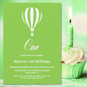 Green and White Hot Air Balloon 1st Birthday Party Invitation