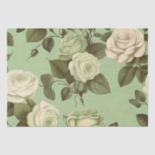 Green and White Italian Flower Print Decoupage / Tissue Paper