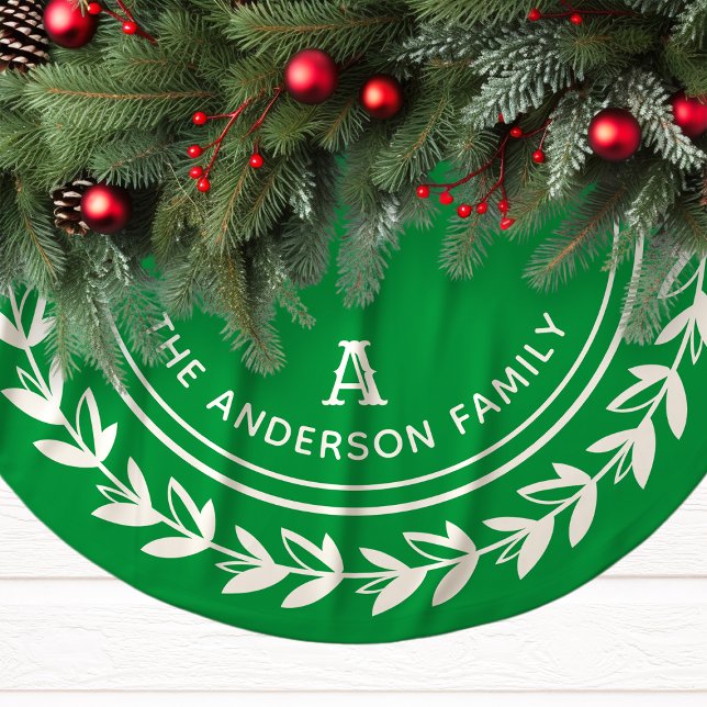 Green and White Laurel Wreath Family Christmas Brushed Polyester Tree Skirt (Creator Uploaded)