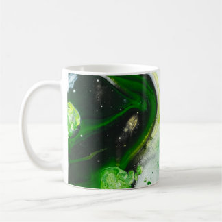 Green and white liquid coffee mug