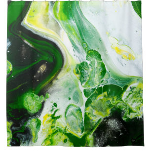 Green and white liquid shower curtain
