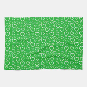 Green and White Love Hearts Pattern Tea Towel