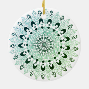 Green and White Mandala Flower Design Ceramic Tree Decoration