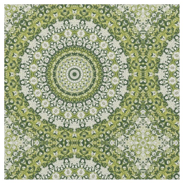 Green and White Mandala Pattern Design Fabric (Close Up)