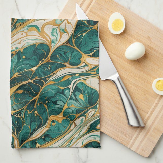 Green and White Marble with Gold Accents Tea Towel (Quarter Fold)