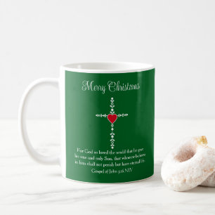 Green and White Merry Christmas Cross Bible Verse Coffee Mug