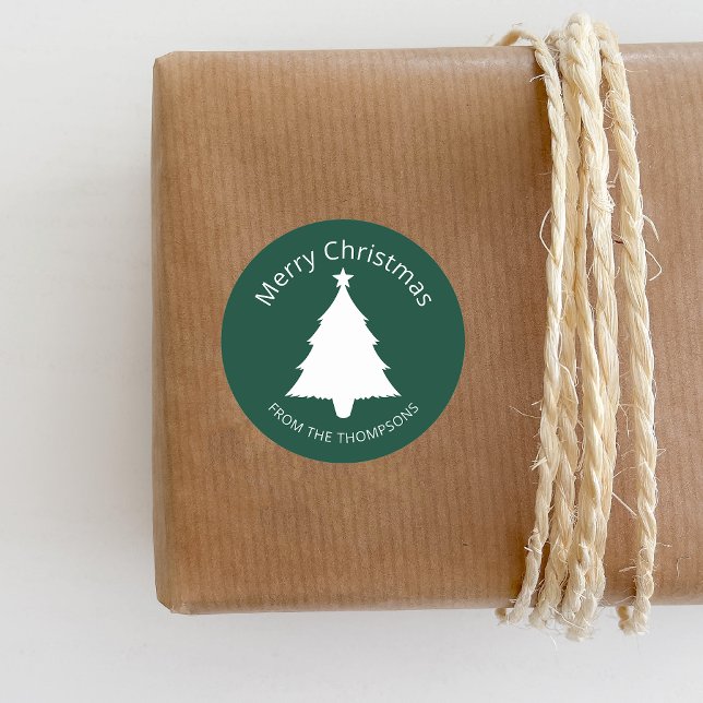 Green And White Minimalist Christmas Tree And Text Classic Round Sticker (Festive design for the Holiday season. Personalize with your custom text.)