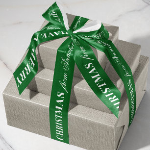 Green and White Mixed Font Merry Christmas Gift Satin Ribbon