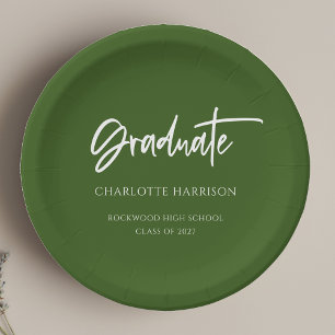 Green and White Modern Script Graduation Party Paper Plate
